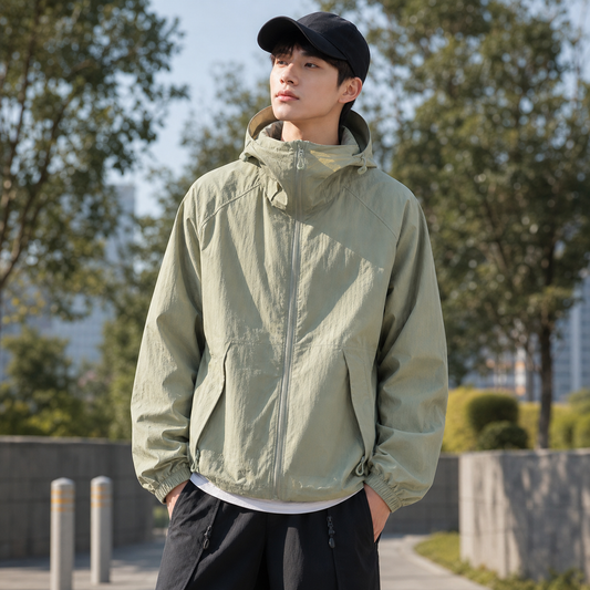 SolarShield UPF50+ lightweight UV protection jacket in sage green outdoor lifestyle photo
