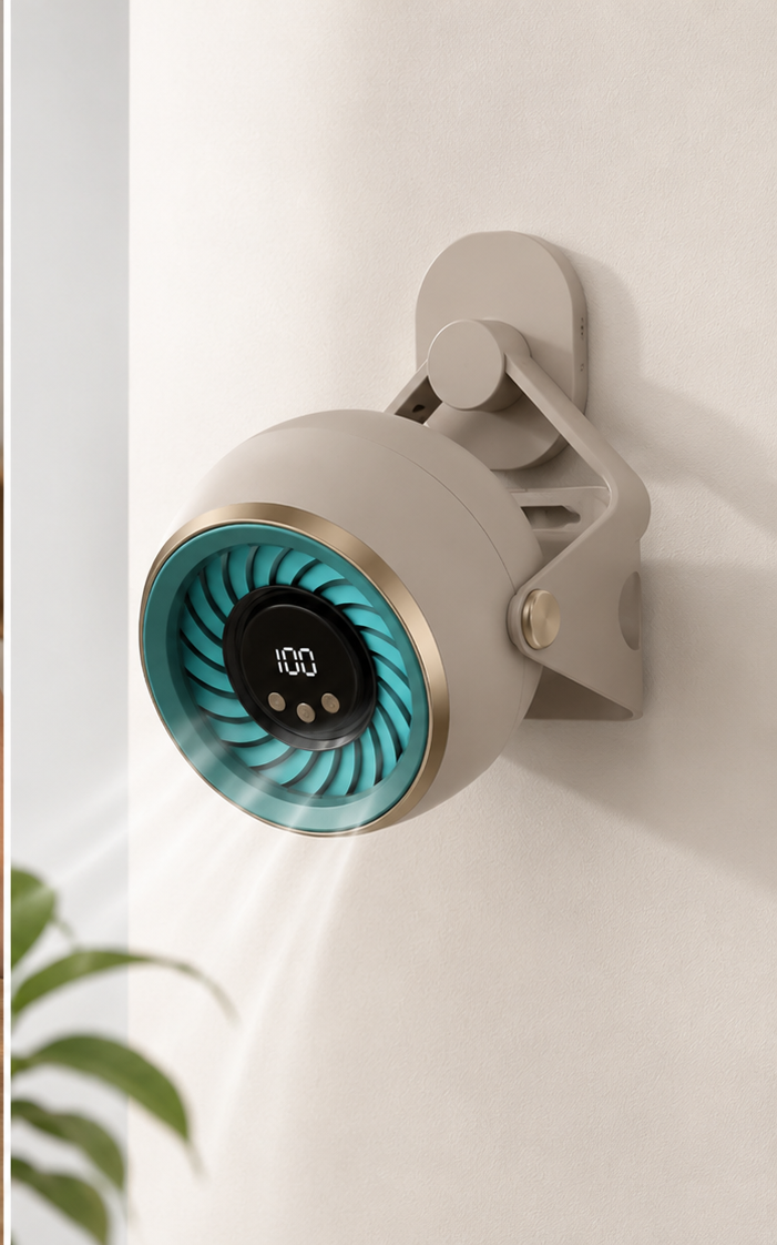 Wall-mounted air purifier with digital display on a white wall
